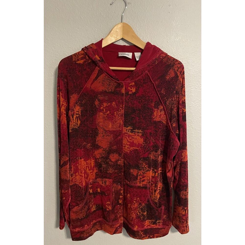 Chicos Travelers Women Cardigan Size 2 US Large Red Burnout Stretch Hooded Artsy